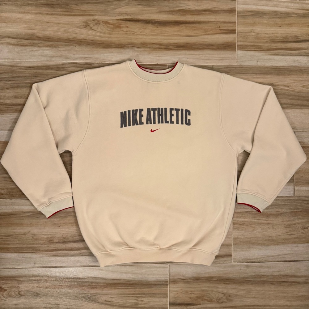Vintage Nike Athletic Center Swoosh Crewneck Sweatshirt Cream Oatmeal Large L